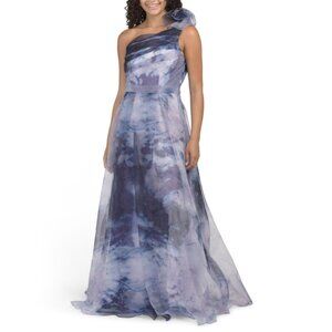 RENE BY RENE RUIZ Cobalt One Shoulder Printed Organza Gown